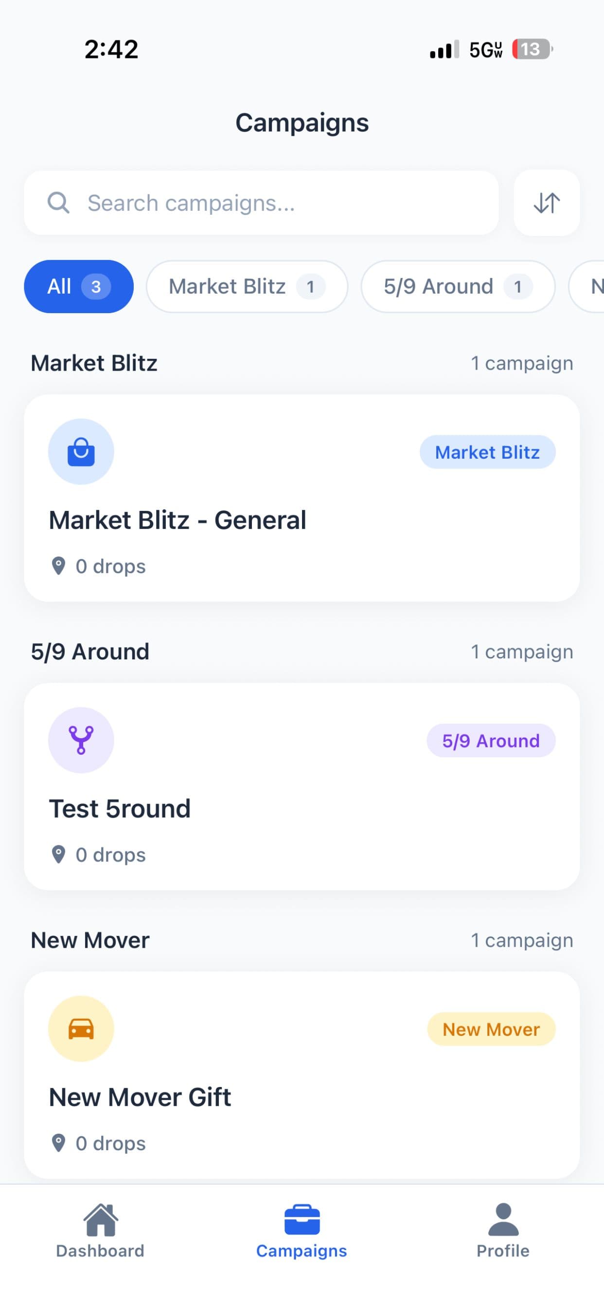 Campaigns list with filters and categories
