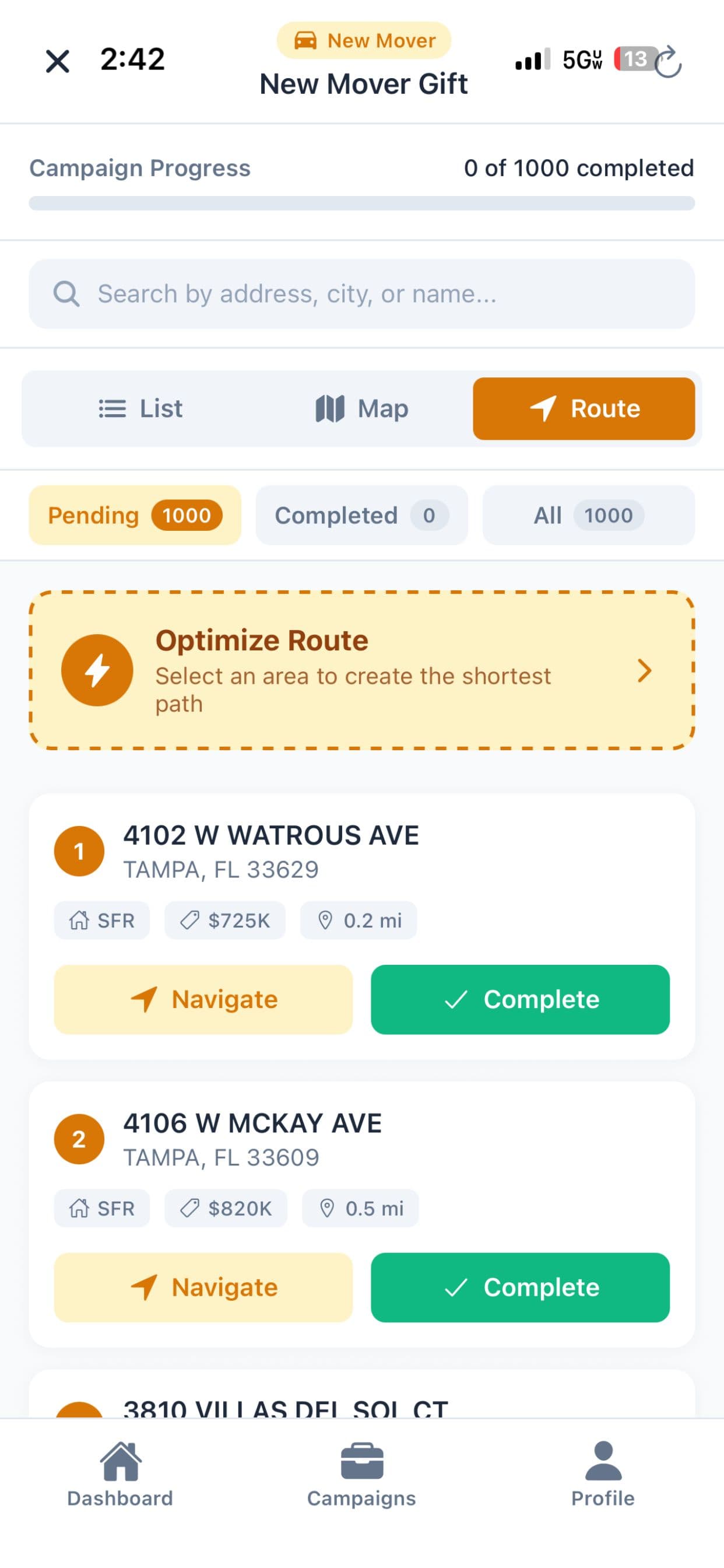 Optimized route with stop list and navigation